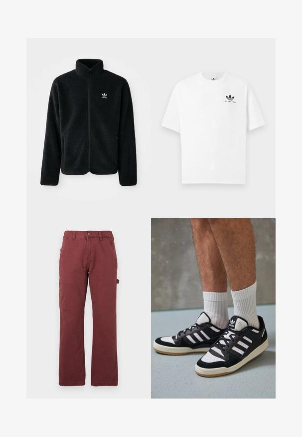 Musta fleece-takki, jossa on korkea kaulus, vetoketjusuljenta ja etutaskut. Käyttää teksturoitua kangasta ja siinä on pieni valkoinen logo vasemmassa rinnassa.; Valkoinen puuvillainen t-paita lyhyillä hihoilla, jossa edessä musta "BASKETBALL" -logo ja ikoninen kolmonen raidallinen kuvio.; Miestne rovné pracovné nohavice v tmavo červenej farbe s prednými vreckami, pútkami na opasok, gombíkovým zapínaním a zipsom, a bočným úchytom na náradie.; Valkoiset ja mustat tennarit, joissa on mokkanahka- ja nahkapäällinen, kolme valkoista raitaa, rei'itetty kärki ja kumipohja.