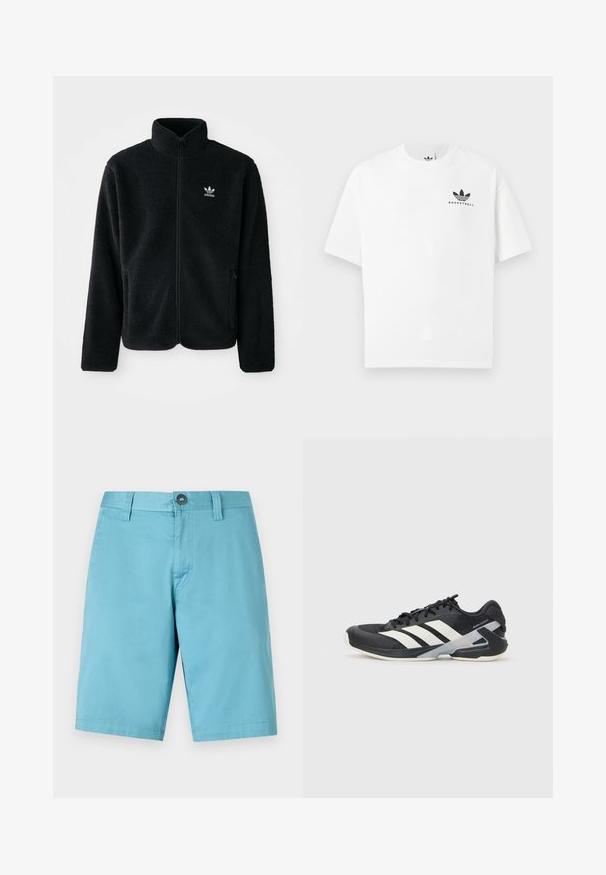 Crna fleec jakna s visokim ovratnikom, prednjim zatvaračem i prednjim džepovima. Ima teksturirani materijal i mali bijeli logo na lijevoj strani prsnog koša.; Bijela pamučna majica s kratkim rukavima, s crnim logotipom "BASKETBALL" i ikoničnim dizajnom s tri pruge sprijeda.; Svijetloplave kratke hlače načinjene od glatkog materijala. Imaju zatvaranje na gumb i petlje za remen, s ravnim krojem koji seže do koljena.; Crne atletske cipele s bijelim prugama, mrežasta gornja strana, zaobljeni prst i podstavljeni đon. Imaju teksturiranu petu i siguran sustav vezivanja.