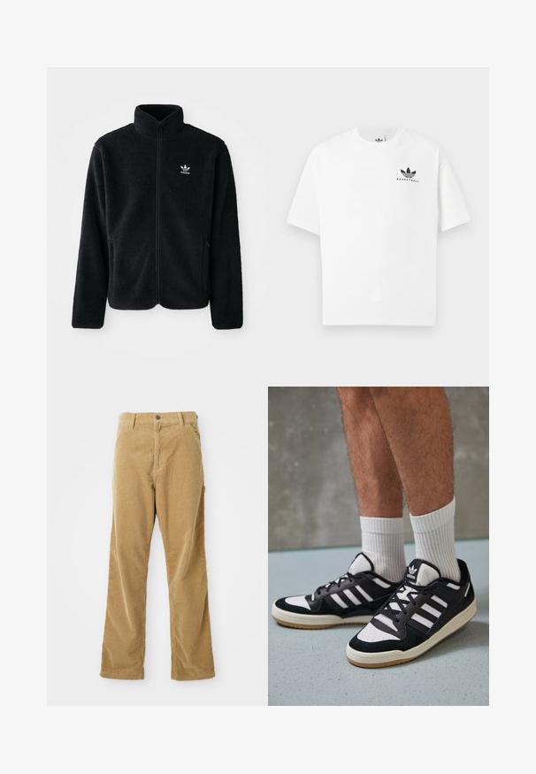 Must värviline fleecedee peasärk kõrge kraega, tõmblukuga esiosa ja esikotid. Omab tekstuuriga kangast ja väikest valget logo vasakul rinnal.; Valge puuvillane T-särk lühikeste varrukatega, mille esitupal on must "BASKETBALL" logo ja ikooniline kolmerealine disain.; Kohvatooni korduroypüksid, millel on ees taskud, vöörihmade aasad, nööbi sulgemine ja sirge lõige, lamavad valgel taustal.; Mustvalged ja valged spordijalatsid, mille pealmine osa on valmistatud suede'ist ja nahast. Kingadel on kolm valget riba, auguline varvas ja kummist tald.