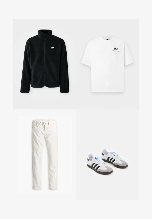 Chupa de forro polar negro con cuello alto, cierre frontal y bolsillos delanteros. Presenta tela texturizada y un pequeño logo blanco en el lado izquierdo del pecho.; Camiseta de algodón blanca con mangas cortas, que presenta un logo negro de "BASKETBALL" y un icónico diseño de tres rayas en el frente.; Pantalones vaqueros de denim blanco con corte recto, cinco bolsillos, botón de cobre y remaches, y una tela texturada sutil. Sin patrones visibles.; Zapatillas deportivas con parte superior de piel blanca, puntera de ante gris y tres rayas negras. Presentan un logo azul en la lengüeta y una suela de goma texturizada.