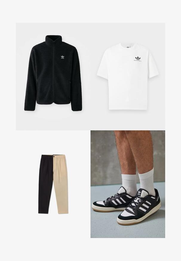 Czarna polarowa kurtka z wysokim kołnierzem, zamek z przodu i kieszeniami z przodu. Posiada teksturowany materiał i małe białe logo na lewej piersi.; Biała bawełniana koszulka z krótkim rękawem, z czarnym logo "BASKETBALL" oraz charakterystycznym wzorem trzech pasków z przodu.; Dwukolorowe spodnie z elastycznym paskiem w talii; jedna strona czarna, a druga beżowa, z gładką fakturą i dopasowanymi plisami.; Czarno-białe sneakersy z zamszową i skórzaną cholewką, z trzema białymi paskami, perforowanym czubkiem i gumową podeszwą w kolorze gumy.