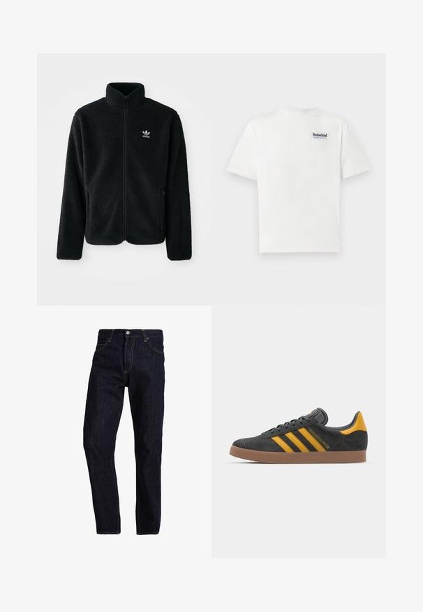 Black fleece jacket with high collar, zip front, and front pockets. Features textured fabric and small white logo on left chest.; White cotton t-shirt featuring a blue embroidered "Timberland Rugged Active Gear" logo on the upper left chest. Short sleeves and round neck.; Dark blue denim jeans with a straight cut, featuring yellow stitching, five pockets, and a classic button and zipper closure.; Black suede sneaker with yellow accents, featuring three stripes and a brown rubber sole. Includes a padded tongue for comfort.