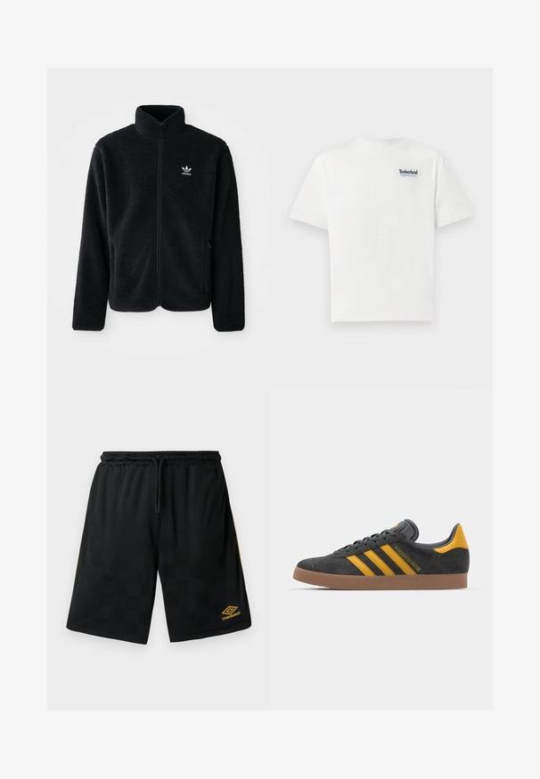 Crna fleec jakna s visokim ovratnikom, prednjim zatvaračem i prednjim džepovima. Ima teksturirani materijal i mali bijeli logo na lijevoj strani prsnog koša.; Bijela pamučna majica s plavim izvezenim logotipom "Timberland Rugged Active Gear" na gornjem lijevom dijelu prsnog koša. Kratki rukavi i okrugli izrez.; Crne sportske kratke hlače sa suptilnim kariranim uzorkom, elastičnim pojasom s vezicom, zlatnim Umbro logom na donjoj nozi i zlatnim bočnim trakama.; Crne nubuk tenisice s žutim detaljima, sa tri pruge i smešnim gumenim potplatom. Imaju jastučić na jeziku za udobnost.