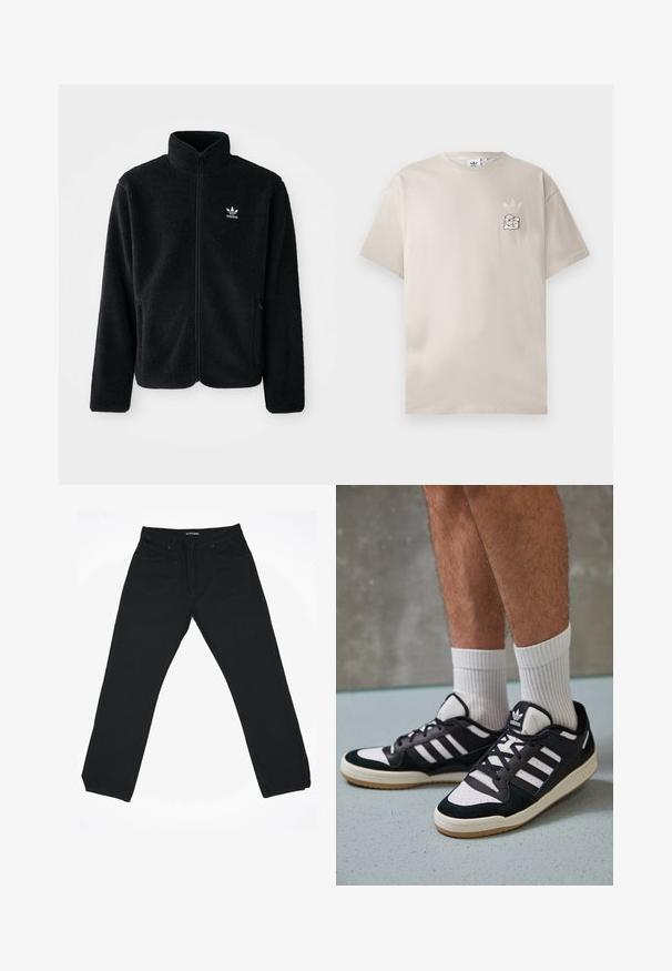 Svart fleecejakke med høy krage, glidelås foran og frontlommer. Har strukturert stoff og liten hvit logo på venstre bryst.; Beige bomulls t-skjorte med rund hals, korte ermer og en subtil grafisk logo på venstre bryst. Myk tekstur, enkelt design.; Svarte denim jeans med rett ben-design, med en middels høy midje, fem lommer og subtile sømdetaljer.; Sorte og hvite sneakers med overdel i semsket skinn og lær, med tre hvite striper, perforert tå og en såle av gummi.