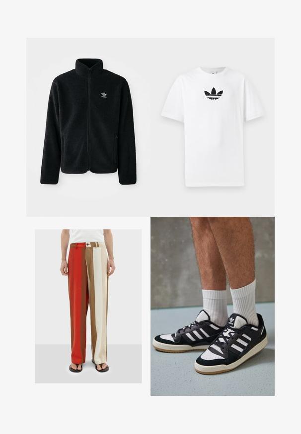 Zwarte fleece jacket met hoge kraag, ritssluiting aan de voorkant en voorzakken. Kenmerkt zich door textuurstof en een klein wit logo op de linkerborst.; Witte katoenen T-shirt met een zwart Adidas-logo in het midden. Korte mouwen en een ronde hals. Gladde textuur.; Thinking Mu MARC - Broek - red; Zwart-witte sneakers met een bovenwerk van suede en leer, voorzien van drie witte strepen, een geperforeerde neus en een rubberen gumzool.