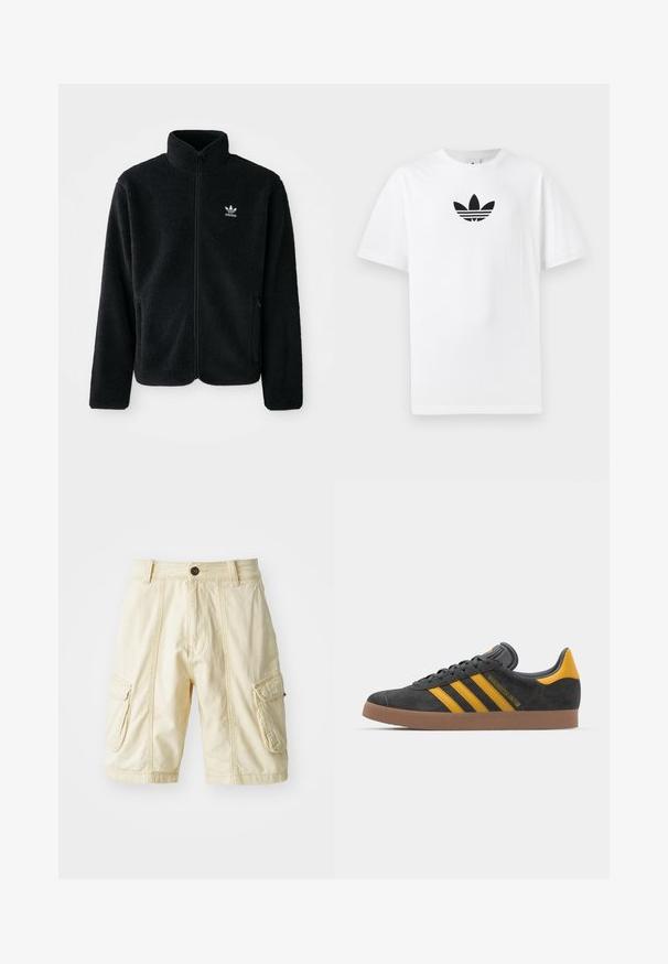 Juodas fliso džemperis su aukštu apykakle, užtrauktuku priekyje ir priekinėmis kišenėmis. Ypatybės: tekstūruota medžiaga ir mažas baltas logotipas kairėje krūtinės pusėje.; Baltas medvilnės marškinėliai su juodu Adidas logo centre. Trumpomis rankovėmis ir apvalia kaklo iškirpte. Lygus audinys.; Keliuose ilgumo kargo šortai šviesiai smėlio spalvos audiniu, su sagčių uždarymu, dviem didelėmis šoninėmis kišenėmis ir matomais siuvimo detalėmis.; Juodas zomšinės sportbačiai su geltonais akcentais, turintys tris juosteles ir rudą gumos padą. Apima paminkštintą liežuvėlį patogumui.