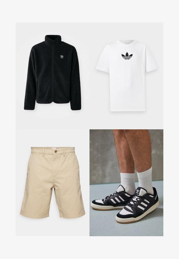 Melns flīsa mētelis ar augstu apkakli, ar rāvējslēdzēju priekšā un priekšējiem kabatām. Iezīmē ar teksturētu audumu un mazu baltu logo uz kreisā krūtīm.; Balta kokvilnas T-kreklu ar melnu Adidas logo centrā. Īsas piedurknes un apaļas kakla izgriezums. Gluda tekstūra.; GAP ESSENTIAL SHORT - Šorti - iconic khaki; Melnas un baltas kedas ar zamša un ādas augšdaļu, kas aprīkotas ar trim baltām svītrām, perforētu purngali un gumijas zolēm.