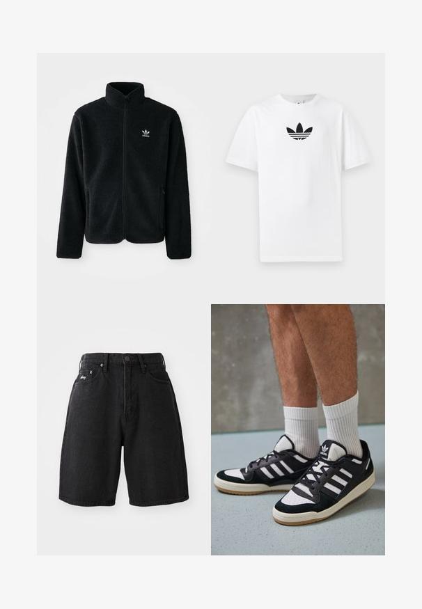 Casaco de fleece preto com gola alta, fecho de correr à frente e bolsos frontais. Apresenta um tecido texturizado e um pequeno logo branco no lado esquerdo do peito.; T-shirt de algodão branco com um logo preto da Adidas no centro. Mangas curtas e um design de gola redonda. Textura suave.; Bermuda de ganga preta com cintura alta, dois bolsos frontais, fecho de botão metálico e um pequeno logótipo da marca do lado esquerdo.; Ténis em preto e branco com upper em camurça e couro, apresentando três riscas brancas, um toe perfurado e uma sola em borracha de goma.