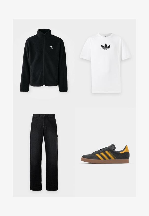 Casaco de fleece preto com gola alta, fecho de correr à frente e bolsos frontais. Apresenta um tecido texturizado e um pequeno logo branco no lado esquerdo do peito.; T-shirt de algodão branco com um logo preto da Adidas no centro. Mangas curtas e um design de gola redonda. Textura suave.; Jeans de ganga pretos com um design de perna reta, apresentando bolsos frontais, fecho com botão e bolsos laterais para armazenamento adicional.; Tenis em camurça preta com detalhes amarelos, apresentando três riscas e uma sola de borracha castanha. Inclui uma língua acolchoada para maior conforto.