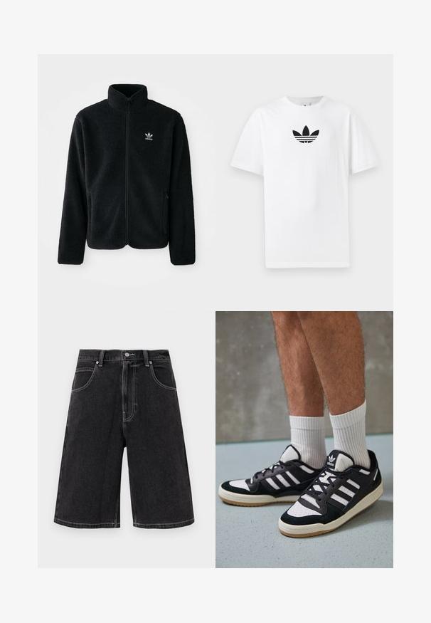 Melns flīsa mētelis ar augstu apkakli, ar rāvējslēdzēju priekšā un priekšējiem kabatām. Iezīmē ar teksturētu audumu un mazu baltu logo uz kreisā krūtīm.; Balta kokvilnas T-kreklu ar melnu Adidas logo centrā. Īsas piedurknes un apaļas kakla izgriezums. Gluda tekstūra.; Melnas džinsu šortus ar brīvu piegriezumu, kas aprīkoti ar pieciem kabatām, kontrastējošiem šuvēm un pogu aizdari jostasvietā.; Melnas un baltas kedas ar zamša un ādas augšdaļu, kas aprīkotas ar trim baltām svītrām, perforētu purngali un gumijas zolēm.