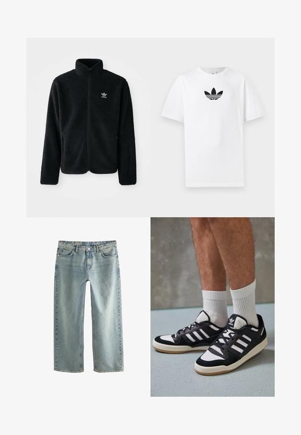 Črna flis jakna z visokim ovratnikom, z zadrgo spredaj in sprednjimi žepi. Ima strukturno blago in majhno belo logo na levi strani prsnega koša.; Bela bombažna majica s črnim logojem Adidas na sredini. Kratki rokavi in oblikovanje z okrog lim. Gladka tekstura.; Svijetloplave traperice širokog kroja imaju ravne nogavice, dizajn s pet džepova i vidljivu kopču na dugme.; Črno-bele superge z zgornjim delom iz usnja in nubuka, ki imajo tri bele črte, perforiran vrh prstov in podplat iz gume.