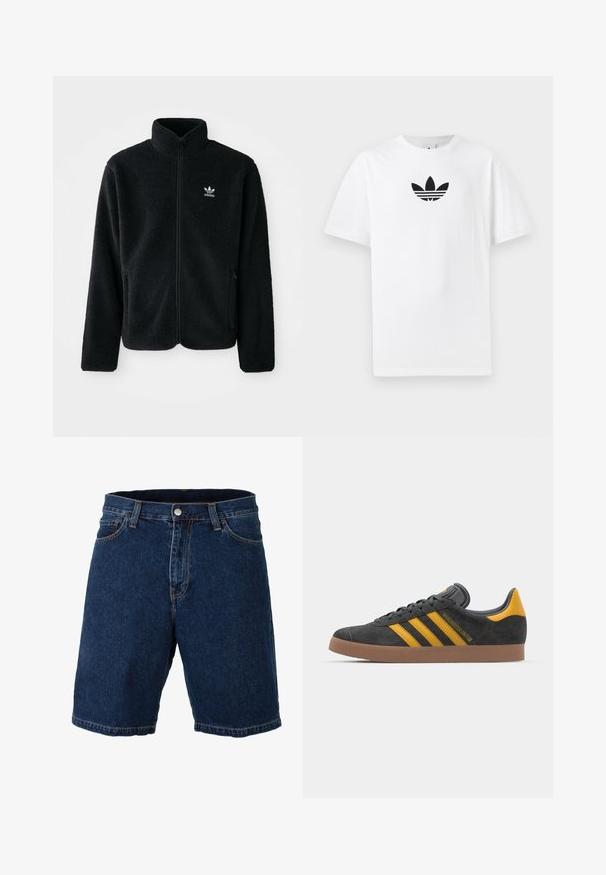 Black fleece jacket with high collar, zip front, and front pockets. Features textured fabric and small white logo on left chest.; White cotton T-shirt featuring a black Adidas logo at the center. Short sleeves and a crew neck design. Smooth texture.; Denim shorts in dark blue with a straight cut, regular waistband, and metal button closure; features contrasting yellow stitching and hem.; Black suede sneaker with yellow accents, featuring three stripes and a brown rubber sole. Includes a padded tongue for comfort.
