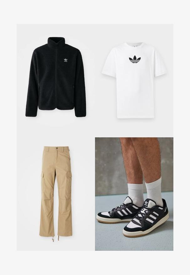 Zwarte fleece jacket met hoge kraag, ritssluiting aan de voorkant en voorzakken. Kenmerkt zich door textuurstof en een klein wit logo op de linkerborst.; Witte katoenen T-shirt met een zwart Adidas-logo in het midden. Korte mouwen en een ronde hals. Gladde textuur.; Khaki cargobroek gemaakt van duurzaam materiaal, met meerdere zijzakken, een rechte pijpdesign en verstelbare koorden aan de zoom.; Zwart-witte sneakers met een bovenwerk van suede en leer, voorzien van drie witte strepen, een geperforeerde neus en een rubberen gumzool.