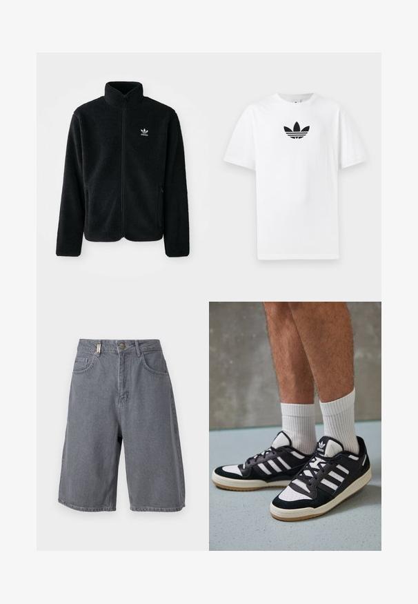 Svart fleecejacka med hög krage, blixtlås fram och framfickor. Har strukturtyg och en liten vit logotyp på vänster bröst.; Vit bomull T-shirt med en svart Adidas-logotyp i mitten. Korta ärmar och rundad halsdesign. Slät textur.; Grå denimshorts med en avslappnad passform, som har en knappstängning, fem fickor och en lätt urblekt yta. Klassisk och mångsidig design.; Svartvita sneakers med ovandel i mocka och läder, med tre vita ränder, perforerad tå och sula av gummigummi.