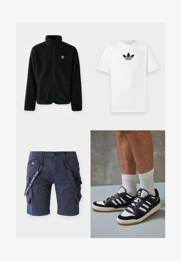 Casaco de fleece preto com gola alta, fecho de correr à frente e bolsos frontais. Apresenta um tecido texturizado e um pequeno logo branco no lado esquerdo do peito.; T-shirt de algodão branco com um logo preto da Adidas no centro. Mangas curtas e um design de gola redonda. Textura suave.; Calções cargo azul-marinho feitos de um tecido de mistura de algodão, com múltiplos bolsos, alças ajustáveis e um rótulo tecido com detalhes em texto.; Ténis em preto e branco com upper em camurça e couro, apresentando três riscas brancas, um toe perfurado e uma sola em borracha de goma.