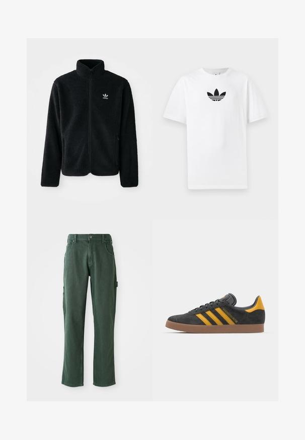 Casaco de fleece preto com gola alta, fecho de correr à frente e bolsos frontais. Apresenta um tecido texturizado e um pequeno logo branco no lado esquerdo do peito.; T-shirt de algodão branco com um logo preto da Adidas no centro. Mangas curtas e um design de gola redonda. Textura suave.; Calças cargo verdes em mistura de algodão, com corte reto, bolsos e costura tonal. Textura suave com um brilho sutil.; Tenis em camurça preta com detalhes amarelos, apresentando três riscas e uma sola de borracha castanha. Inclui uma língua acolchoada para maior conforto.