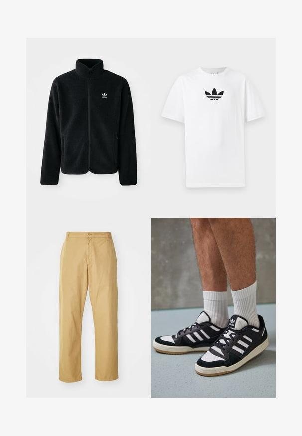 Jachetă din fleece neagră cu guler înalt, fermoar pe față și buzunare frontale. Caracteristici ale materialului texturat și un mic logo alb pe pieptul stâng.; Tricou alb din bumbac, având un logo Adidas negru în centrul său. Mâneci scurte și un design cu gât rotund. Textură fină.; Chino khaki dintr-o tesătură ușoară, cu un design drept, având o închidere prin buton frontal și buzunare laterale.; Adidași negri și albi cu un superior din suede și piele, prevăzuți cu trei dungi albe, un vârf perforat și o talpă din cauciuc caramel.
