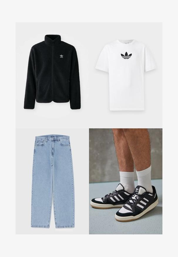 Černá fleecová bunda s vysokým límcem, předním zipem a předními kapsami. Disponuje strukturovanou tkaninou a malým bílým logem na levé hrudi.; Bílá bavlněná tričko s černým logem Adidas uprostřed. Krátký rukáv a design s kulatým výstřihem. Hladká textura.; Světle modré džíny s rovnými nohavicemi, středním pasem, pěti kapsami a zapínáním na knoflík a zip.; Černobílé tenisky s vrchní částí z semišové a kožené kůže, včetně tří bílých pruhů, perforovaného špičky a podrážky z gumy.