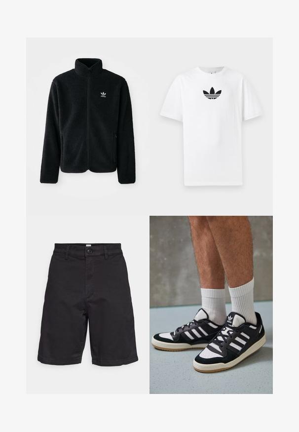 Crna fleec jakna s visokim ovratnikom, prednjim zatvaračem i prednjim džepovima. Ima teksturirani materijal i mali bijeli logo na lijevoj strani prsnog koša.; Bijela pamučna majica s crnim Adidas logom u centru. Kratki rukavi i dizajn s okruglim izrezom. Glatka tekstura.; GAP ESSENTIAL SHORT - Kratke hlače - true black; Crne i bijele tenisice s gornjim dijelom od antilopa i kože, s tri bijele pruge, perforiranim prstom i gumiranim potplatom.