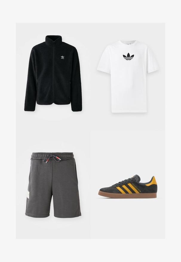Zwarte fleece jacket met hoge kraag, ritssluiting aan de voorkant en voorzakken. Kenmerkt zich door textuurstof en een klein wit logo op de linkerborst.; Witte katoenen T-shirt met een zwart Adidas-logo in het midden. Korte mouwen en een ronde hals. Gladde textuur.; Grijze sportshorts met een elastische tailleband en een trekkoord. Voorzien van zijzakken en een stoffen label aan de linkerkant. Lichtgewicht materiaal.; Zwarte suède sneakers met gele accenten, voorzien van drie strepen en een bruine rubberen zool. Inclusief een gevoerde tong voor comfort.