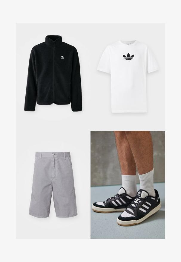Casaco de fleece preto com gola alta, fecho de correr à frente e bolsos frontais. Apresenta um tecido texturizado e um pequeno logo branco no lado esquerdo do peito.; T-shirt de algodão branco com um logo preto da Adidas no centro. Mangas curtas e um design de gola redonda. Textura suave.; Calções de algodão cinza com fecho de botão, frente lisa, bolsos laterais e um design de perna reta. Textura suave e ajuste casual.; Ténis em preto e branco com upper em camurça e couro, apresentando três riscas brancas, um toe perfurado e uma sola em borracha de goma.