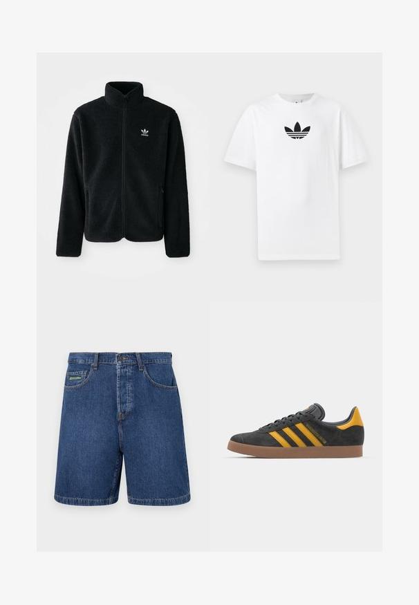Čierna fleecová bunda s vysokým golierom, zipsom na prednej strane a prednými vreckami. Obsahuje textúrovanú tkaninu a malé biele logo na ľavej hrudi.; Biely bavlnený tričko s čiernym logom Adidas v strede. Krátke rukávy a okrúhly výstrih. Hladká textúra.; Tmavomodré denim šortky s klasickým strihom, obsahujúce predné vrecká, pútka na opasok a viditeľnú značku na ľavom vrecku.; Čierne semišové tenisky so žltými akcentmi, ktoré majú tri pruhy a hnedú gumovú podrážku. Obsahujú vypolstrovaný jazyk pre pohodlie.