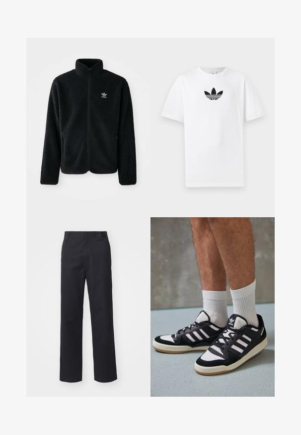 Giacca in pile nera con colletto alto, chiusura zip frontale e tasche anteriori. Presenta un tessuto testurizzato e un piccolo logo bianco sul lato sinistro del petto.; T-shirt bianco in cotone con logo Adidas nero al centro. Maniche corte e design con girocollo. Texture liscia.; Pantaloni neri a gamba dritta realizzati in tessuto misto cotone. Presentano una vita piatta con passanti per la cintura e senza hardware o decorazioni visibili.; Sneaker bianco e nero con tomaia in suede e pelle, caratterizzati da tre strisce bianche, punta perforata e suola in gomma naturale.