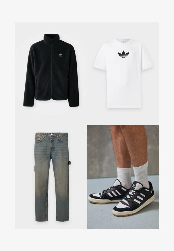 Black fleece jacket with high collar, zip front, and front pockets. Features textured fabric and small white logo on left chest.; White cotton T-shirt featuring a black Adidas logo at the center. Short sleeves and a crew neck design. Smooth texture.; Denim jeans in light blue with a faded effect, straight leg design, five pockets, and belt loops. Features a side strap detail.; Black and white sneakers with a suede and leather upper, featuring three white stripes, a perforated toe, and a gum rubber sole.