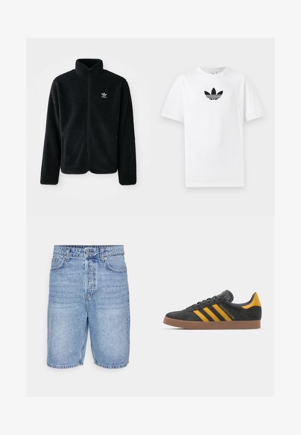 Jachetă din fleece neagră cu guler înalt, fermoar pe față și buzunare frontale. Caracteristici ale materialului texturat și un mic logo alb pe pieptul stâng.; Tricou alb din bumbac, având un logo Adidas negru în centrul său. Mâneci scurte și un design cu gât rotund. Textură fină.; Shorts din denim de un albastru deschis, cu un design clasic, cinci buzunare, fermoar și cusături vizibile pe tivuri.; Tenisi negri din suede cu accente galbene, având trei dungi și o talpă din cauciuc maroniu. Include un limba căptușită pentru confort.