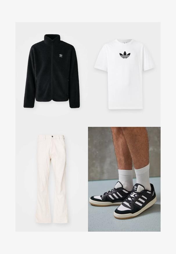 Must värviline fleecedee peasärk kõrge kraega, tõmblukuga esiosa ja esikotid. Omab tekstuuriga kangast ja väikest valget logo vasakul rinnal.; Valge puuvillane T-särk, millel on must Adidas logo keskel. Lühikesed varrukad ja ümmargune kaelus. Sile tekstuur.; Kreemjate värvi flared-püksid vertikaalsete punaste triipudega, millel on nööbiklipp, küljetaskud ja pehme tekstuur.; Mustvalged ja valged spordijalatsid, mille pealmine osa on valmistatud suede'ist ja nahast. Kingadel on kolm valget riba, auguline varvas ja kummist tald.