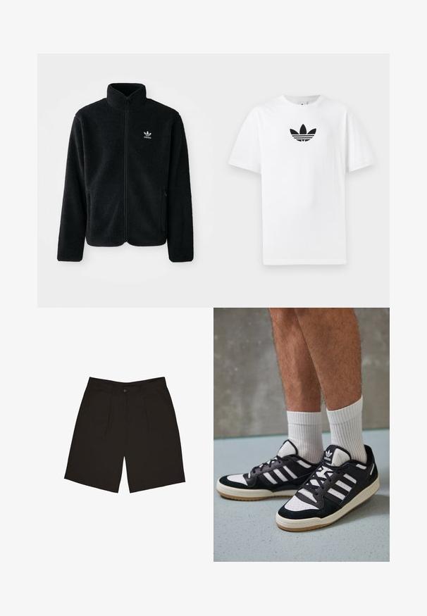 Črna flis jakna z visokim ovratnikom, z zadrgo spredaj in sprednjimi žepi. Ima strukturno blago in majhno belo logo na levi strani prsnega koša.; Bela bombažna majica s črnim logojem Adidas na sredini. Kratki rokavi in oblikovanje z okrog lim. Gladka tekstura.; Črne hlače iz gladkega materiala, z enim sprednjim gumbom, plitvami in stranskimi žepi, zasnovane za sproščen kroj.; Črno-bele superge z zgornjim delom iz usnja in nubuka, ki imajo tri bele črte, perforiran vrh prstov in podplat iz gume.