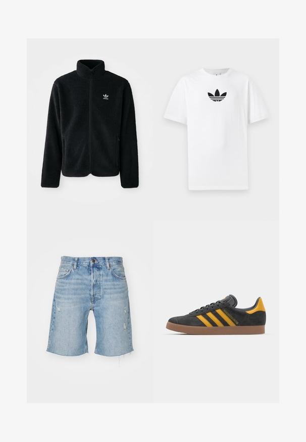 Must värviline fleecedee peasärk kõrge kraega, tõmblukuga esiosa ja esikotid. Omab tekstuuriga kangast ja väikest valget logo vasakul rinnal.; Valge puuvillane T-särk, millel on must Adidas logo keskel. Lühikesed varrukad ja ümmargune kaelus. Sile tekstuur.; Heledsinine teksashorts kõrge vöökoht, narmastega äär, kulumistunnused ja viie-tasku disain. Klassikaline nööbid ja tõmblukk.; Mustad sametist spordijalatsid kollaste aktsentidega, millel on kolm triipu ja pruun kummitald. Mugavuse tagamiseks on neil pehmendatud keele osa.