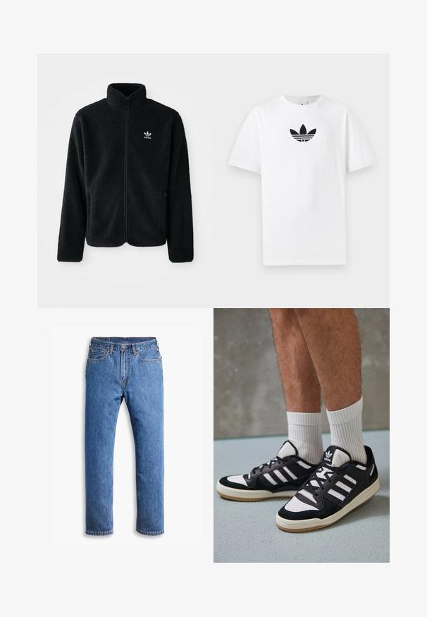 Czarna polarowa kurtka z wysokim kołnierzem, zamek z przodu i kieszeniami z przodu. Posiada teksturowany materiał i małe białe logo na lewej piersi.; Biała bawełniana koszulka z krótkim rękawem, z czarnym logo Adidas na środku. Klasyczny fason z okrągłym dekoltem. Gładka tekstura.; Niebieskie dżinsy o prostym kroju, z pięcioma kieszeniami, z zapięciem na guzik i pomarańczowymi przeszyciami na czystym białym tle.; Czarno-białe sneakersy z zamszową i skórzaną cholewką, z trzema białymi paskami, perforowanym czubkiem i gumową podeszwą w kolorze gumy.