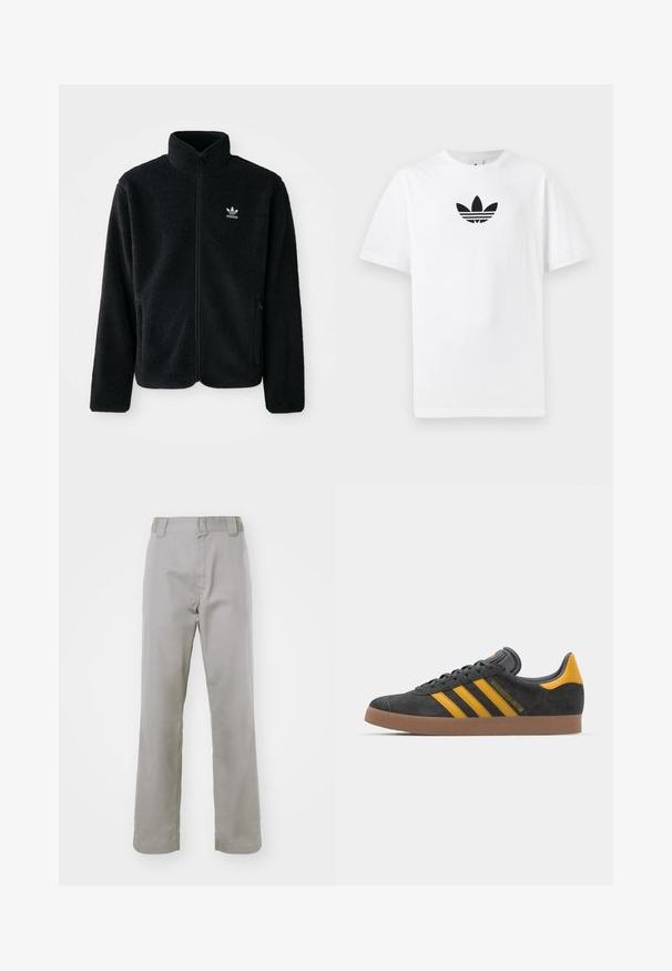 Must värviline fleecedee peasärk kõrge kraega, tõmblukuga esiosa ja esikotid. Omab tekstuuriga kangast ja väikest valget logo vasakul rinnal.; Valge puuvillane T-särk, millel on must Adidas logo keskel. Lühikesed varrukad ja ümmargune kaelus. Sile tekstuur.; Halli puuvillased püksid sirge jala disainiga, lameda eesaega, vöödetilodega ja sileda tekstuuriga.; Mustad sametist spordijalatsid kollaste aktsentidega, millel on kolm triipu ja pruun kummitald. Mugavuse tagamiseks on neil pehmendatud keele osa.