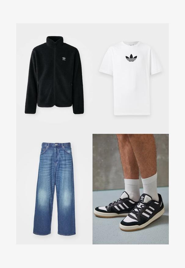 Crna fleec jakna s visokim ovratnikom, prednjim zatvaračem i prednjim džepovima. Ima teksturirani materijal i mali bijeli logo na lijevoj strani prsnog koša.; Bijela pamučna majica s crnim Adidas logom u centru. Kratki rukavi i dizajn s okruglim izrezom. Glatka tekstura.; Široke traperice od plave denima s ispranim pranjem, pet džepova i dugmetom za zatvaranje. Glatka tekstura s blagim izblijedjenjem na koljenima.; Crne i bijele tenisice s gornjim dijelom od antilopa i kože, s tri bijele pruge, perforiranim prstom i gumiranim potplatom.
