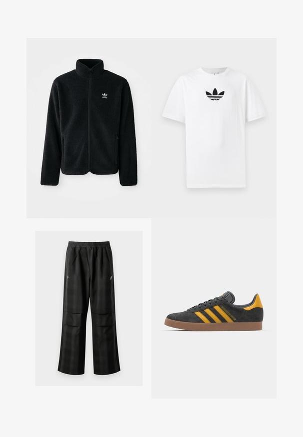 Melns flīsa mētelis ar augstu apkakli, ar rāvējslēdzēju priekšā un priekšējiem kabatām. Iezīmē ar teksturētu audumu un mazu baltu logo uz kreisā krūtīm.; Balta kokvilnas T-kreklu ar melnu Adidas logo centrā. Īsas piedurknes un apaļas kakla izgriezums. Gluda tekstūra.; Melnas kvadrātveida bikses ar elastīgu jostu, divām priekšējām kabatām un brīvu piegriezumu ar taisnām kājām. Izgatavotas no viegla materiāla.; Melnas zamšādas kedas ar dzelteniem akcentiem, kurām ir trīs svītras un brūna gumijas zole. Iekļauta mīksta valkāšanas tongue komfortam.