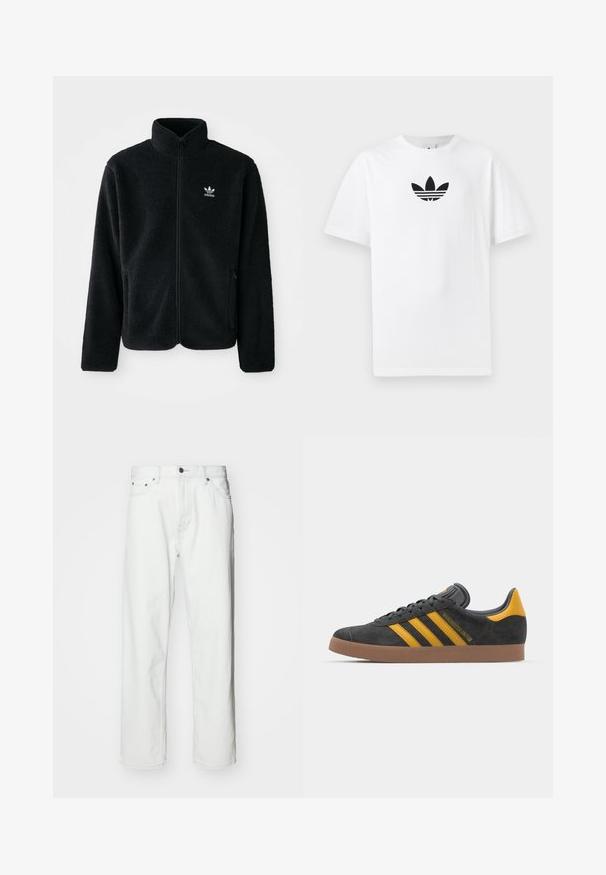 Casaco de fleece preto com gola alta, fecho de correr à frente e bolsos frontais. Apresenta um tecido texturizado e um pequeno logo branco no lado esquerdo do peito.; T-shirt de algodão branco com um logo preto da Adidas no centro. Mangas curtas e um design de gola redonda. Textura suave.; Jeans de denim branco com corte reto, design de cinco bolsos, fecho de botão e detalhes de costura subtil. Textura lisa e estilo minimalista.; Tenis em camurça preta com detalhes amarelos, apresentando três riscas e uma sola de borracha castanha. Inclui uma língua acolchoada para maior conforto.