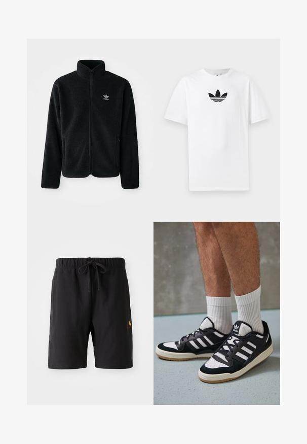Jachetă din fleece neagră cu guler înalt, fermoar pe față și buzunare frontale. Caracteristici ale materialului texturat și un mic logo alb pe pieptul stâng.; Tricou alb din bumbac, având un logo Adidas negru în centrul său. Mâneci scurte și un design cu gât rotund. Textură fină.; Pantaloni scurți negri cu un brâu elastic și șnur. Au o buzunar lateral și un mic logo roșu și galben în partea stângă jos.; Adidași negri și albi cu un superior din suede și piele, prevăzuți cu trei dungi albe, un vârf perforat și o talpă din cauciuc caramel.