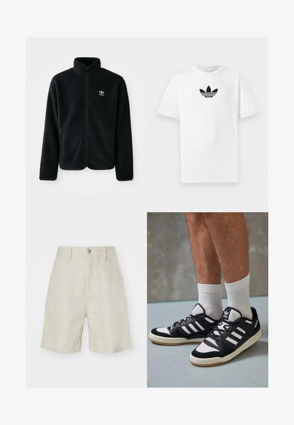 Juodas fliso džemperis su aukštu apykakle, užtrauktuku priekyje ir priekinėmis kišenėmis. Ypatybės: tekstūruota medžiaga ir mažas baltas logotipas kairėje krūtinės pusėje.; Baltas medvilnės marškinėliai su juodu Adidas logo centre. Trumpomis rankovėmis ir apvalia kaklo iškirpte. Lygus audinys.; Lino šortai šviesiai bežiniai, su aukštu liemeniu, mygtuko užsegimu ir šoninėmis kišenėmis. Lygus paviršius, atsipalaidavęs siluetas.; Juodos ir baltos sportinės bateliai su zomšiniu ir odiniu viršumi, su trimis baltomis juostelėmis, perforuota koja ir guminėmis padais.