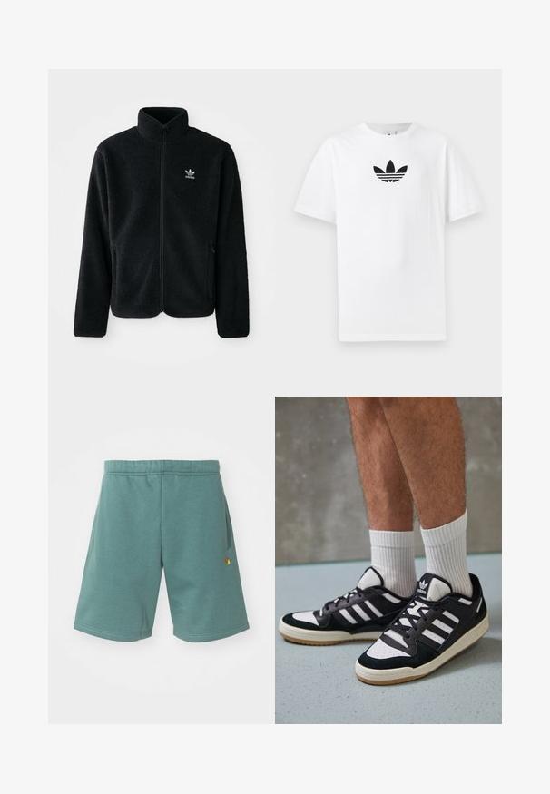 Must värviline fleecedee peasärk kõrge kraega, tõmblukuga esiosa ja esikotid. Omab tekstuuriga kangast ja väikest valget logo vasakul rinnal.; Valge puuvillane T-särk, millel on must Adidas logo keskel. Lühikesed varrukad ja ümmargune kaelus. Sile tekstuur.; Tehnilised puuvillasegu lühikesed püksid teal värvuses, elastse vöökohaga, küljetaskutega ja väikese kuldse logoaktsendiga alumisel jalal.; Mustvalged ja valged spordijalatsid, mille pealmine osa on valmistatud suede'ist ja nahast. Kingadel on kolm valget riba, auguline varvas ja kummist tald.