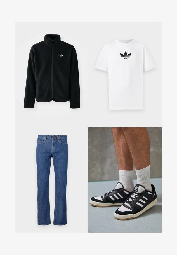 Černá fleecová bunda s vysokým límcem, předním zipem a předními kapsami. Disponuje strukturovanou tkaninou a malým bílým logem na levé hrudi.; Bílá bavlněná tričko s černým logem Adidas uprostřed. Krátký rukáv a design s kulatým výstřihem. Hladká textura.; Modré džíny rovného střihu ze denimové látky, které mají zapínání na knoflík, poutka na opasek a pět kapes s jemnými švy.; Černobílé tenisky s vrchní částí z semišové a kožené kůže, včetně tří bílých pruhů, perforovaného špičky a podrážky z gumy.
