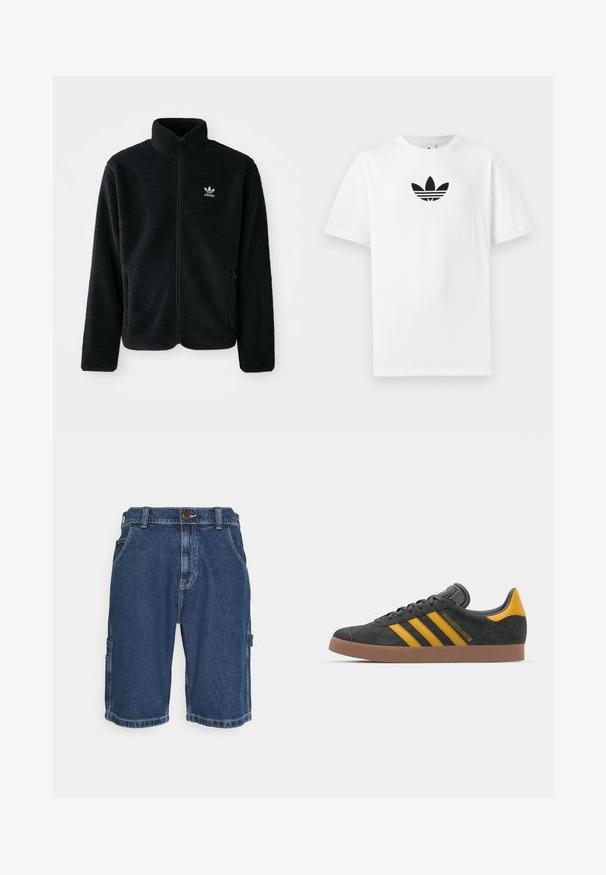 Crna fleec jakna s visokim ovratnikom, prednjim zatvaračem i prednjim džepovima. Ima teksturirani materijal i mali bijeli logo na lijevoj strani prsnog koša.; Bijela pamučna majica s crnim Adidas logom u centru. Kratki rukavi i dizajn s okruglim izrezom. Glatka tekstura.; Tamne traperice u tamnoplavoj boji s kopčanjem na dugme, bočnim džepovima i džepom u cargo stilu na lijevoj nozi. Glatka tekstura, ležeran dizajn.; Crne nubuk tenisice s žutim detaljima, sa tri pruge i smešnim gumenim potplatom. Imaju jastučić na jeziku za udobnost.