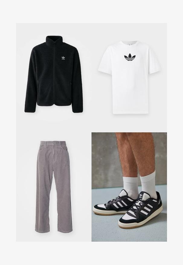 Veste en polaire noire avec col haut, fermeture éclair à l'avant et poches перед тобой. Présente un tissu texturé et un petit logo blanc sur la poitrine gauche.; T-shirt en coton blanc présentant un logo noir d'Adidas au centre. Manches courtes et décolleté rond. Texture lisse.; Pantalons en velours côtelé gris avec une coupe large, présentant des côtes verticales, une fermeture à boutons et deux poches avant.; Baskets noir et blanc avec une tige en suède et cuir, comportant trois rayures blanches, un bout perforé et une semelle en caoutchouc gum.