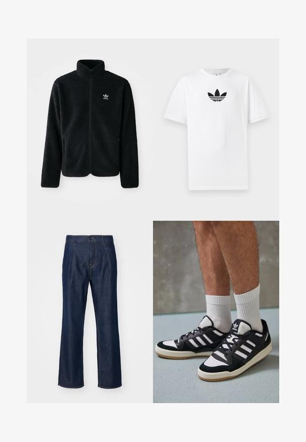 Must värviline fleecedee peasärk kõrge kraega, tõmblukuga esiosa ja esikotid. Omab tekstuuriga kangast ja väikest valget logo vasakul rinnal.; Valge puuvillane T-särk, millel on must Adidas logo keskel. Lühikesed varrukad ja ümmargune kaelus. Sile tekstuur.; Tumed sinine denimist pükste sirged sääred, ees nupukinnitusega, kahe küljetaskuga ja sileda tekstuuriga.; Mustvalged ja valged spordijalatsid, mille pealmine osa on valmistatud suede'ist ja nahast. Kingadel on kolm valget riba, auguline varvas ja kummist tald.