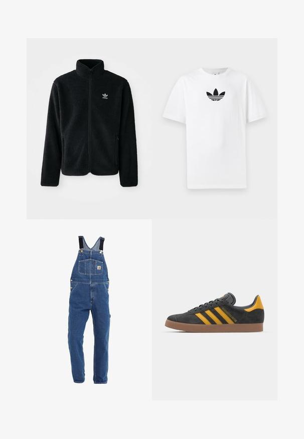 Juodas fliso džemperis su aukštu apykakle, užtrauktuku priekyje ir priekinėmis kišenėmis. Ypatybės: tekstūruota medžiaga ir mažas baltas logotipas kairėje krūtinės pusėje.; Baltas medvilnės marškinėliai su juodu Adidas logo centre. Trumpomis rankovėmis ir apvalia kaklo iškirpte. Lygus audinys.; Mėlynos džinsinės kombinezono kelnės vidutinio atspalvio, su reguliuojamomis juodomis petnešomis, keliais kišeniais ir metalinėmis detalėmis.; Juodas zomšinės sportbačiai su geltonais akcentais, turintys tris juosteles ir rudą gumos padą. Apima paminkštintą liežuvėlį patogumui.