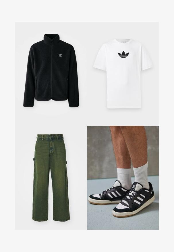 Juodas fliso džemperis su aukštu apykakle, užtrauktuku priekyje ir priekinėmis kišenėmis. Ypatybės: tekstūruota medžiaga ir mažas baltas logotipas kairėje krūtinės pusėje.; Baltas medvilnės marškinėliai su juodu Adidas logo centre. Trumpomis rankovėmis ir apvalia kaklo iškirpte. Lygus audinys.; Žalios džinsinės cargo kelnės su plačiomis kojomis, turinčios šonines kišenes, išblukusią tekstūrą ir klasikį mygtuko bei užtrauktuko uždarymą.; Juodos ir baltos sportinės bateliai su zomšiniu ir odiniu viršumi, su trimis baltomis juostelėmis, perforuota koja ir guminėmis padais.