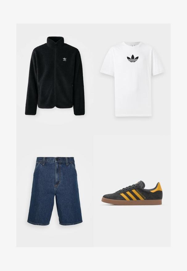 Black fleece jacket with high collar, zip front, and front pockets. Features textured fabric and small white logo on left chest.; White cotton T-shirt featuring a black Adidas logo at the center. Short sleeves and a crew neck design. Smooth texture.; Denim shorts in dark blue with a straight cut. Features yellow stitching and a classic five-pocket design. Regular waistband and hemmed edges.; Black suede sneaker with yellow accents, featuring three stripes and a brown rubber sole. Includes a padded tongue for comfort.