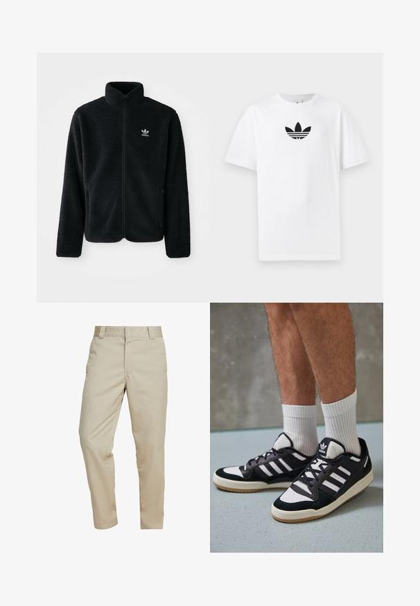 Must värviline fleecedee peasärk kõrge kraega, tõmblukuga esiosa ja esikotid. Omab tekstuuriga kangast ja väikest valget logo vasakul rinnal.; Valge puuvillane T-särk, millel on must Adidas logo keskel. Lühikesed varrukad ja ümmargune kaelus. Sile tekstuur.; Carhartt WIP MASTER PANT - Püksid - wall rinsed; Mustvalged ja valged spordijalatsid, mille pealmine osa on valmistatud suede'ist ja nahast. Kingadel on kolm valget riba, auguline varvas ja kummist tald.