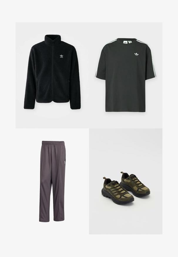 Must värviline fleecedee peasärk kõrge kraega, tõmblukuga esiosa ja esikotid. Omab tekstuuriga kangast ja väikest valget logo vasakul rinnal.; Mustast puuvillast lühikeste varrukatega t-särk, ümmarguse kaelusega ja valgete kolmetriipudega õlgadel. Rinnal on väike valge logo.; Hallid hallid spordipüksid kergest kangast. Omavad elastset vöökohta ja sirget lõiget. Küljel on väike logo.; Roheline ja must sportlikud kingad, millel on tekstureeritud ülemine osa, võrguga paneelid, tugev tall ja lace-up disain, mis sisaldab tugevdatud varba- ja kannakaitset.