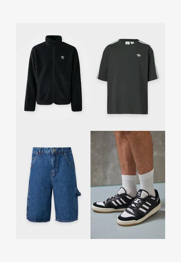 Crna fleec jakna s visokim ovratnikom, prednjim zatvaračem i prednjim džepovima. Ima teksturirani materijal i mali bijeli logo na lijevoj strani prsnog koša.; Crna pamučna majica kratkih rukava, s okruglim izrezom i bijelim detaljima u obliku triju pruga na ramenima. Na prsima se nalazi mali bijeli logotip.; Traper kratke hlače u srednje plavoj boji, s visokim strukom, dva prednja džepa i bočnim džepom s trakicom. Glatka tekstura, ležeran dizajn.; Crne i bijele tenisice s gornjim dijelom od antilopa i kože, s tri bijele pruge, perforiranim prstom i gumiranim potplatom.